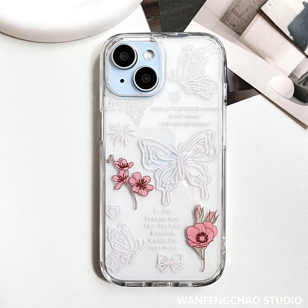 白色线条蝴蝶花朵苹果16手机壳适用于iphone15 14 防摔12 11