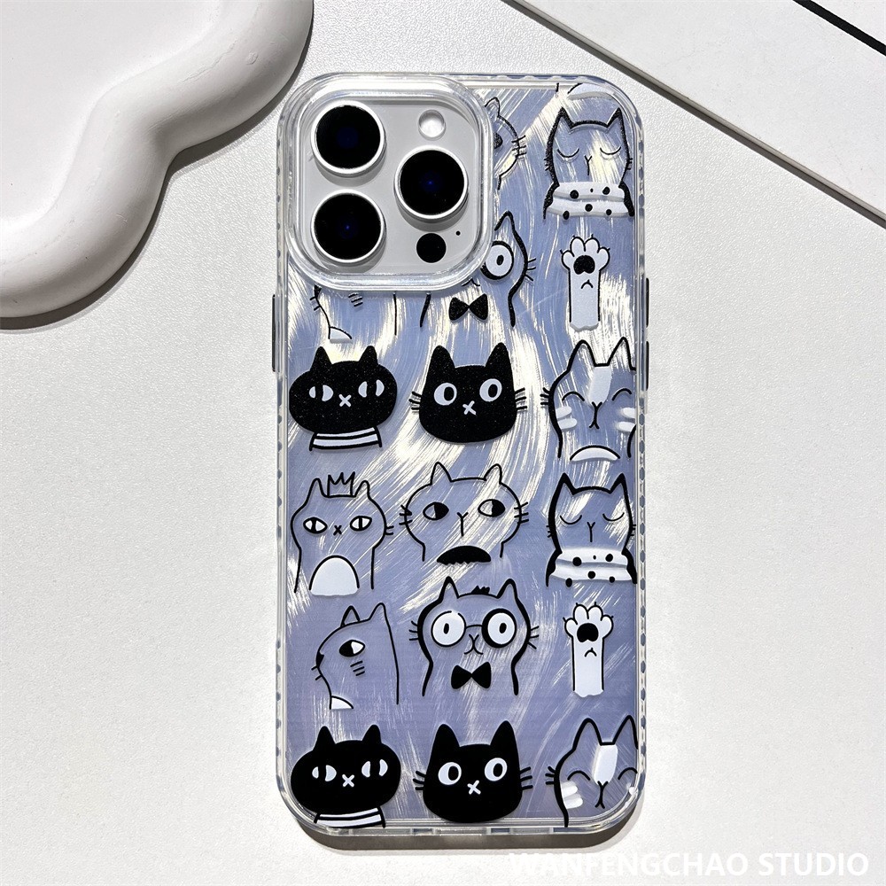 银色羽纱黑色线条猫头苹果16手机壳适用于iphone15 14 防摔12 11