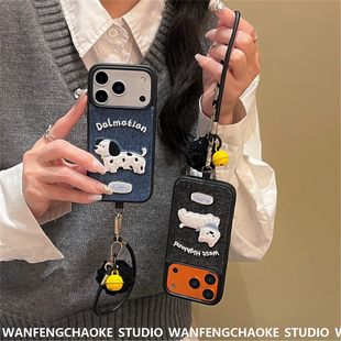 牛仔蓝刺绣狗狗适用苹果17promax手机包iPhone15 16保护套14挂绳