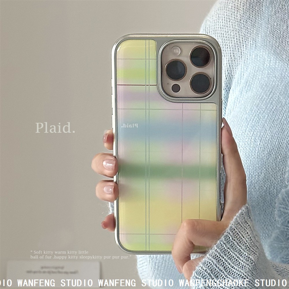 柠檬黄格纹适用苹果16手机壳iphone14promax滴胶13小众韩系15电镀