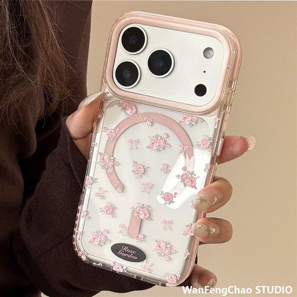 ins风韩系粉色蔷薇碎花适用iPhone18ProMax防摔17气囊边框16手包