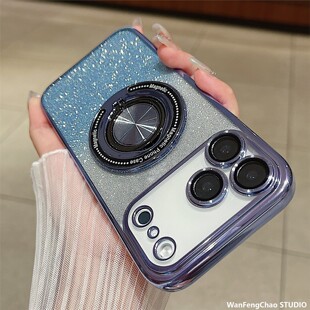电镀旋转指环磁吸支架适用iPhone17闪粉手机壳苹果16镜头膜保护套