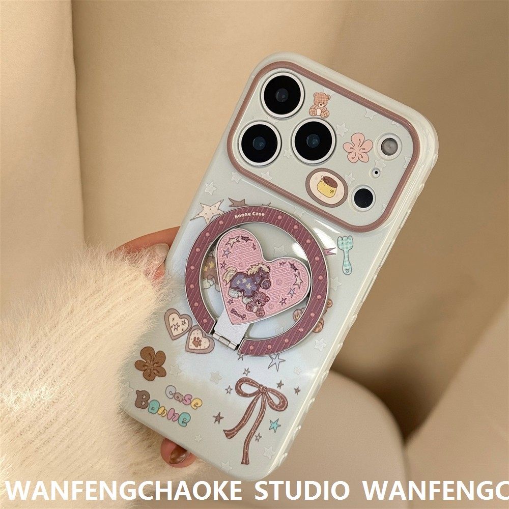 适用苹果17promax手机包可爱木马小熊16闪粉15磁吸支架13软