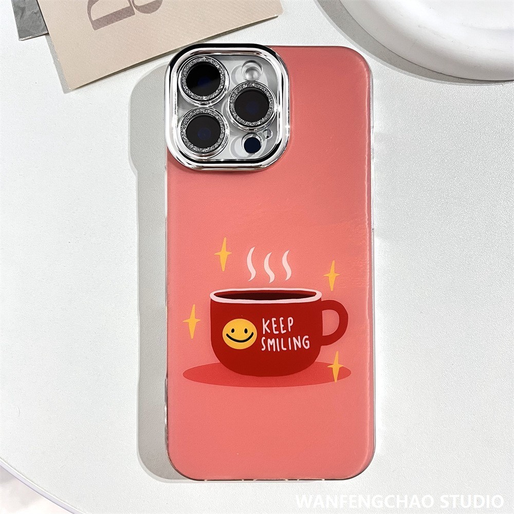 可爱卡通笑脸咖啡苹果16手机壳适用于iphone15 14 镜头膜12冰川纹
