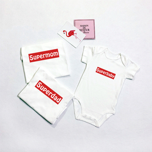 superbaby连体衣亲子装婴儿超级妈妈宝宝爸爸儿童短袖一家衣服