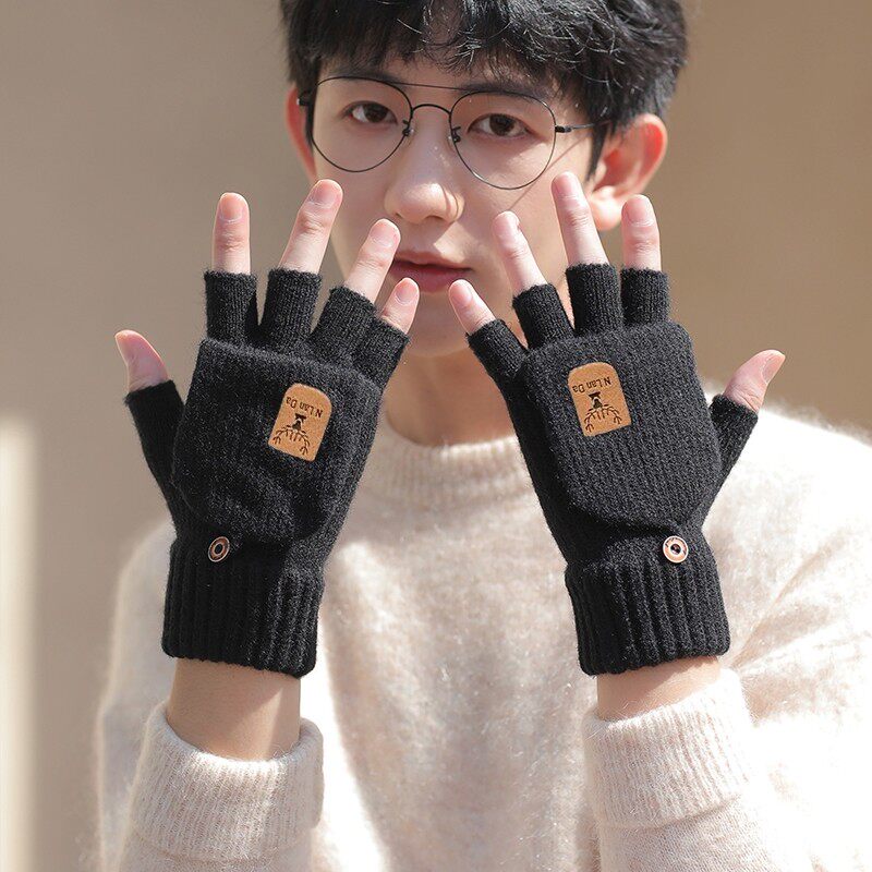 手套男冬天半指情侣学生写字露指韩版秋冬季针织毛线翻盖骑行保暖