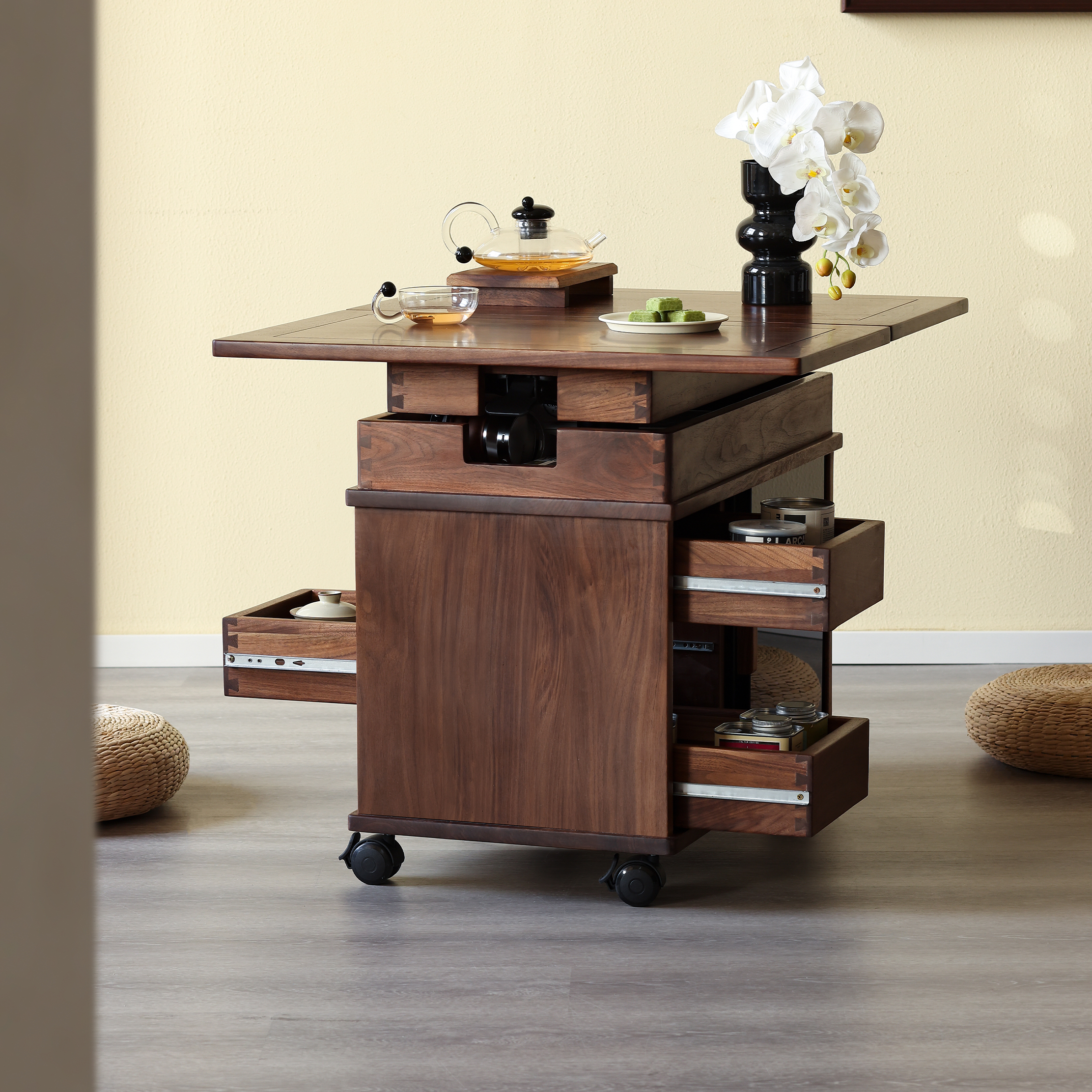 玄素北美全黑胡桃木折叠升降茶几