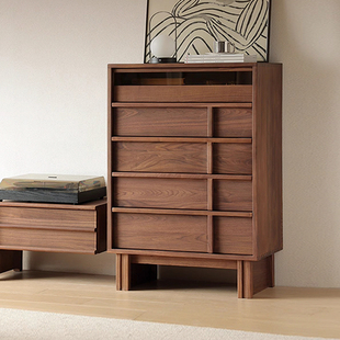 玄素家居北美黑胡桃木五斗柜骨骼线实木中古风客厅收纳柜储物柜子