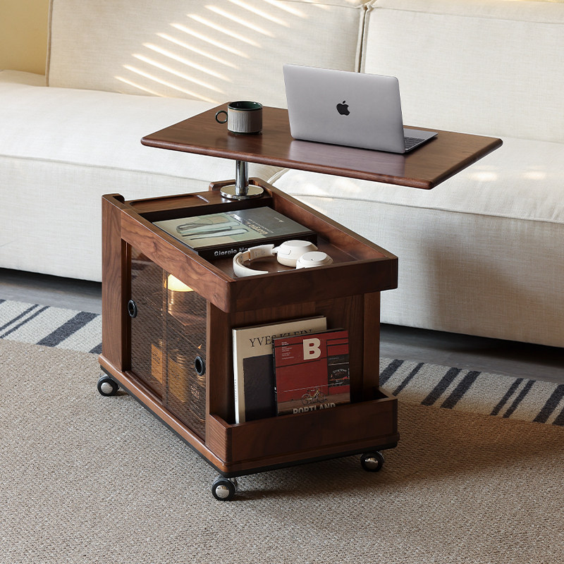 玄素家居北美黑胡桃木可移动升降茶几复古茶水柜客厅实木小推车