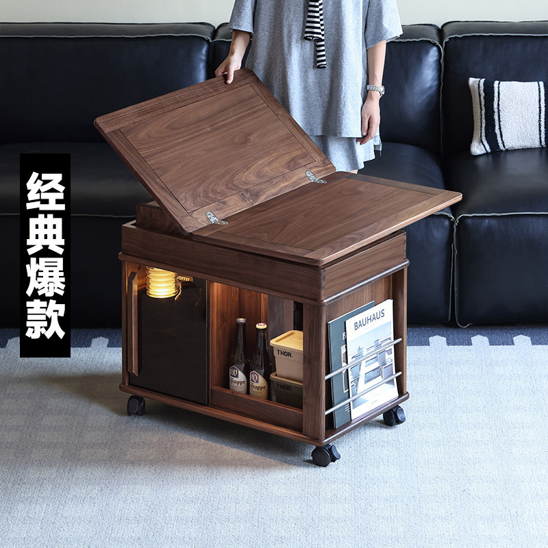 玄素全黑胡桃木移动茶几折叠推车图片