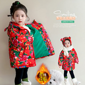 新款 中国风中长款 棉衣新款 女童东北大花棉衣冬装 连帽加厚外套冬款