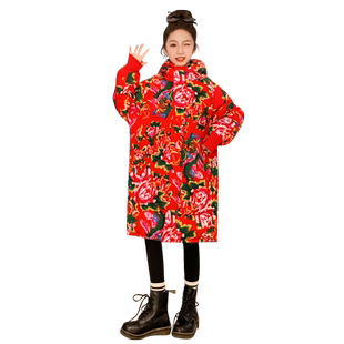 东北大花棉袄儿童外穿女童中国风加厚棉衣中长款冬款童装棉服冬天