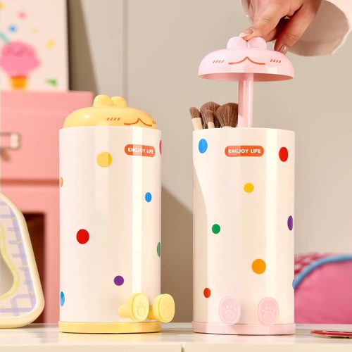 新款化妆刷收纳桶梳妆台防尘升降刷筒可爱按压式笔筒刷具收纳神器