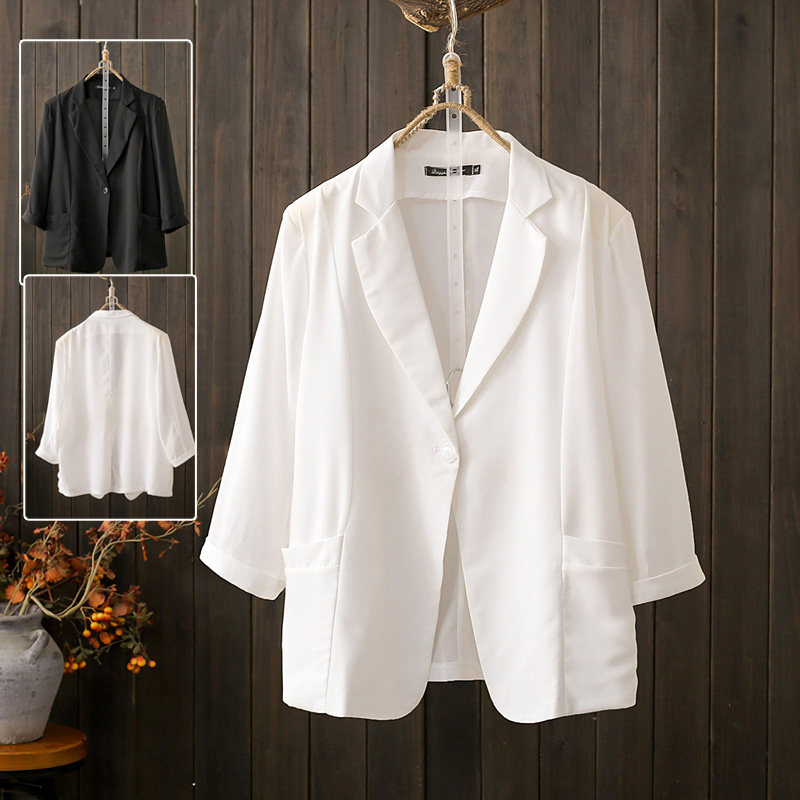 大码雪纺白色小西装女胖mm夏季宽松显瘦休闲中长款防晒西服外套