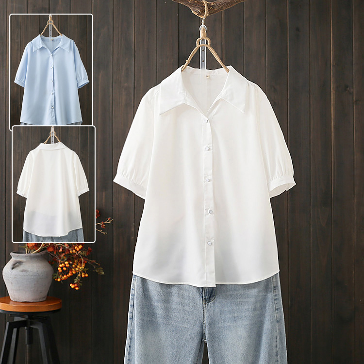 宽松简约单排扣短袖雪纺衫衬衫