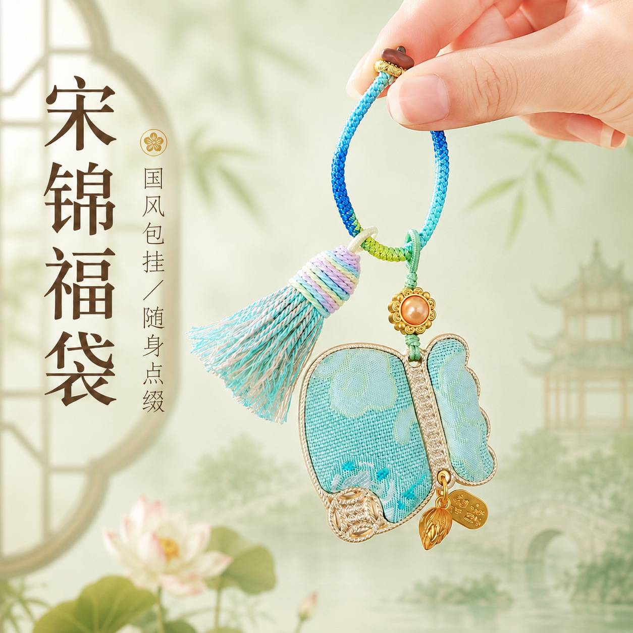 新中式宋锦福袋钥匙扣纯手工珍珠