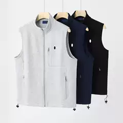 Spring and Autumn Style Zip-Up Cardigan Vest for Men, Large Size, Loose Fit, Sleeveless Cotton Sweatshirt with Stand Collar and Embroidered Logo, Men's Jacket