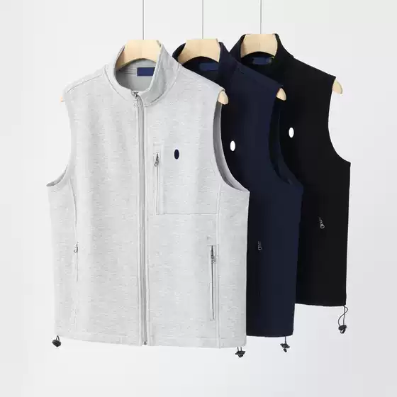 Spring and Autumn Style Zip-Up Cardigan Vest for Men, Large Size, Loose Fit, Sleeveless Cotton Sweatshirt with Stand Collar and Embroidered Logo, Men's Jacket