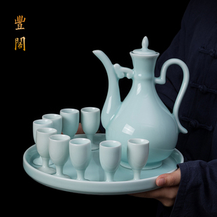 青瓷仿古酒壶中式 景德镇陶瓷酒具套装 分酒器家用小酒盅高脚白酒杯