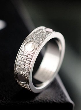 时尚钛钢饰品窄版三排钻六钉戒指满天星满钻情侣戒欧美食指戒