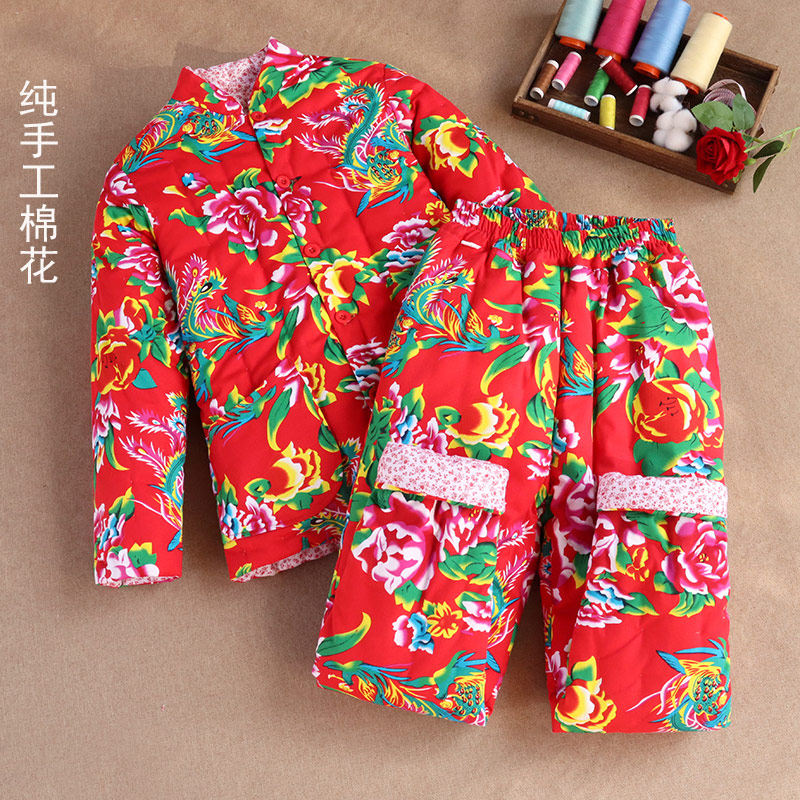 东北大花布纯手工棉花棉衣套装女士冬季居家棉服高腰深档加厚棉裤