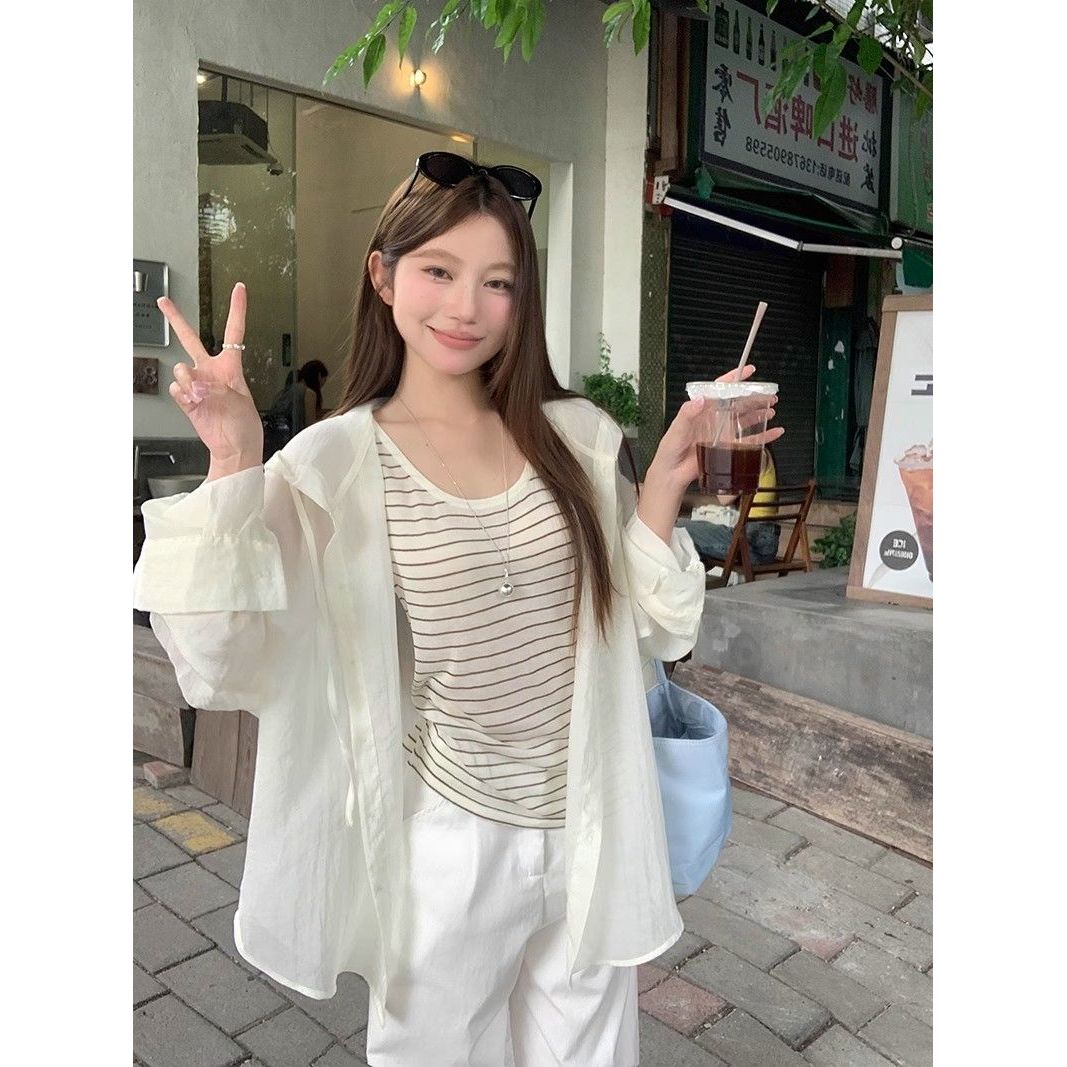 微透薄款连帽长袖衬衫女夏季防晒外套宽松衬衣中长款杏色开衫上衣
