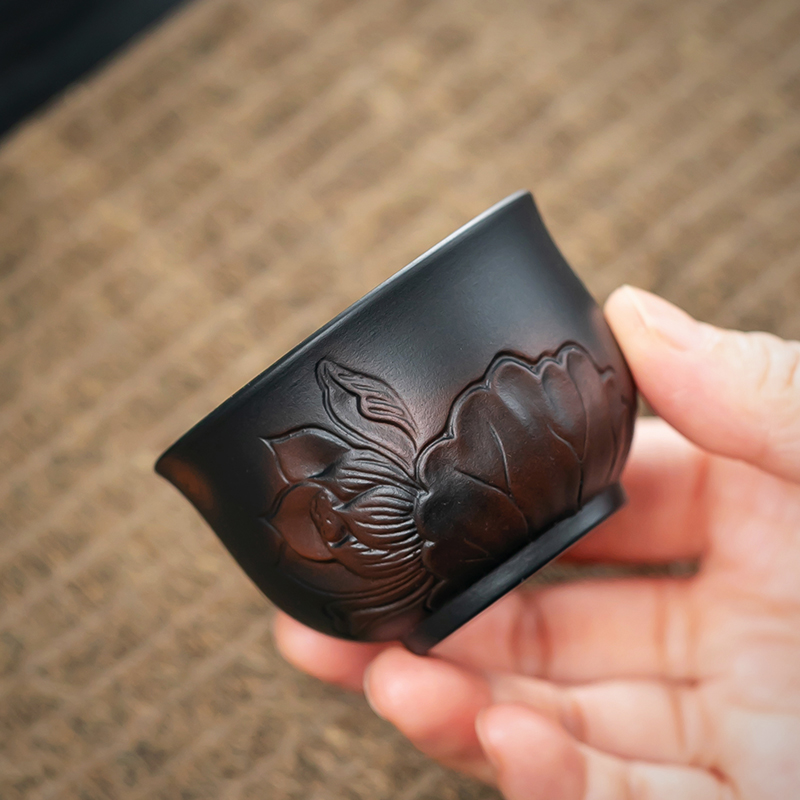 紫陶茶杯紫泥紫砂品茗杯单杯大号荷花主人杯陶瓷茶盏坭兴陶喝茶杯