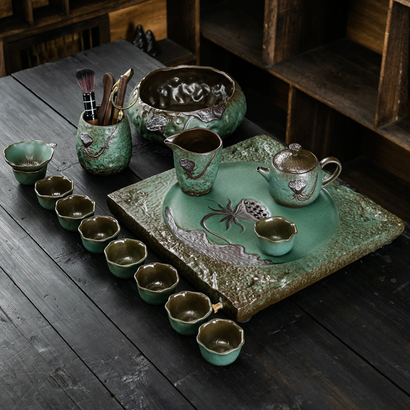 窑变粗陶功夫茶具套组家用陶瓷排水茶盘办公室干泡盘茶台茶杯茶壶