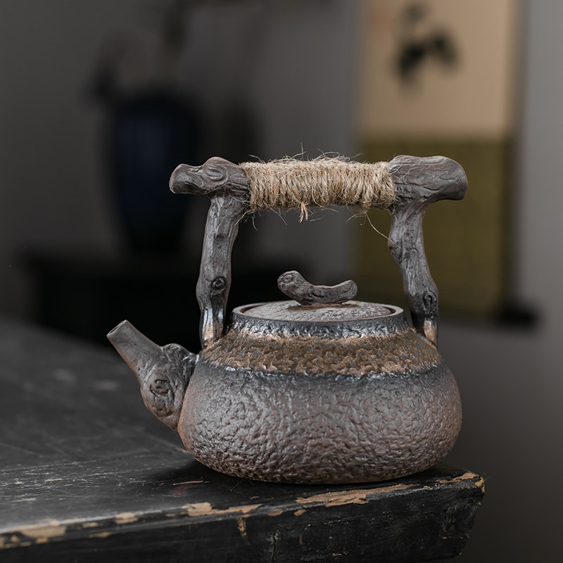 鎏金粗陶提梁壶创意枯木造型手工麻绳防烫家用日式复古陶瓷泡茶壶