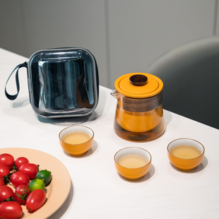 和二茶斋快客杯户外简约陶瓷玻璃一壶三杯便携式旅行功夫茶具套装