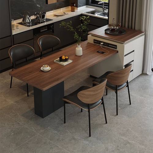 岛台餐桌一体可伸缩家用大户型极简黑胡桃木岩板高端错位餐桌岛台