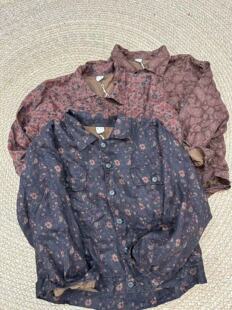 衬衫 砂洗亚麻印花双层复古翻领文艺宽松大码 女 5556春秋款 花社正品