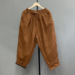花社 秋冬砂洗亚麻夹棉松紧腰口袋纯色抽绳宽松百搭 日单6966棉裤