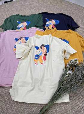 花社正品18520外贸原单T恤宽松大码炒色纯棉卡通图案品质短袖上衣