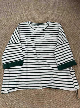 花社正品外贸原单17110条纹T恤女春夏宽松大版纯棉袖口拼接2024新