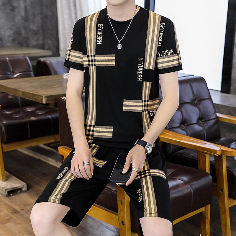 冰丝套装男休闲运动两件套潮流一套衣服夏季薄款男士短袖T恤短裤