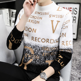 渐变色衣服套头针织衫 冬季 毛衣半高领毛线衣水貂绒加厚打底衫 男士