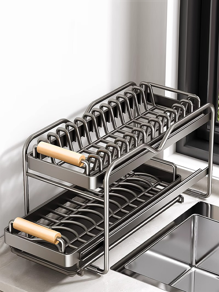厨房橱柜内置物架抽屉式拉篮台面多功能碗碟收纳架抽拉沥水放碗架