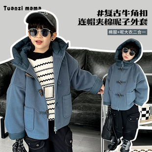 团子麻麻男童夹棉呢大衣休闲羽绒连帽加厚儿童牛角扣保暖毛呢外套