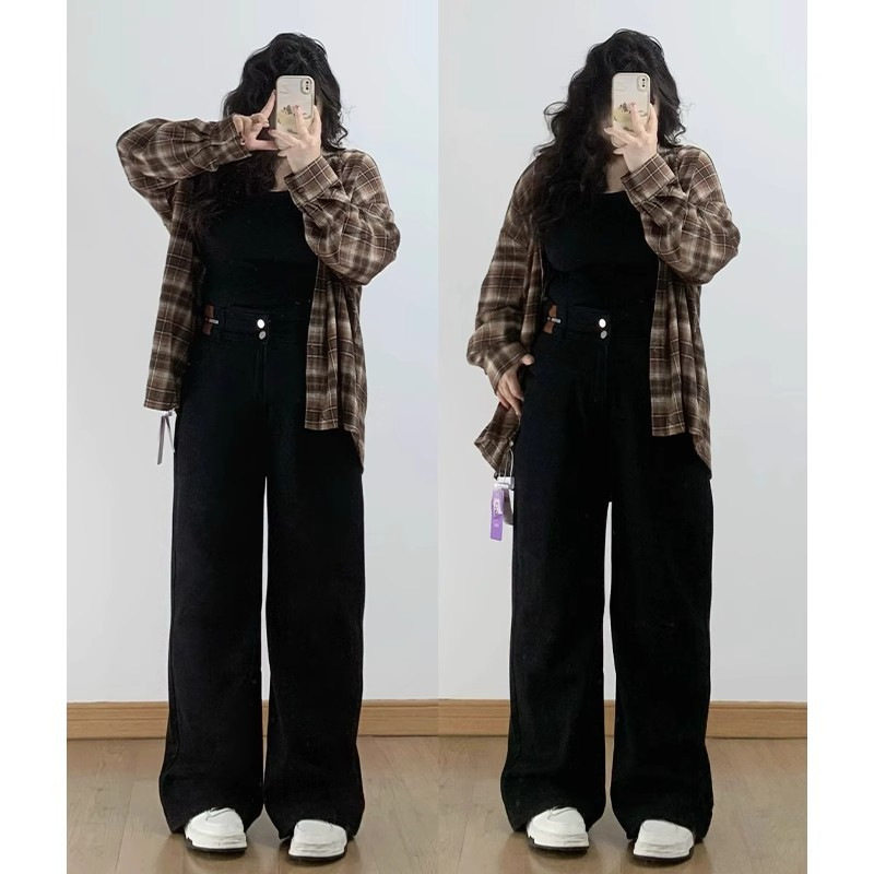 大码女装胖mm高腰黑色直筒牛仔裤女胖妹妹梨型身材显瘦百搭阔腿裤