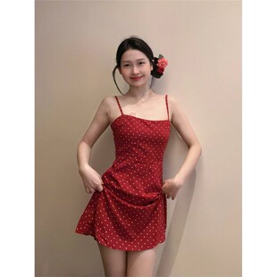 港味复古chic波点红色吊带连衣裙女夏季修身显瘦度假风a字短裙子