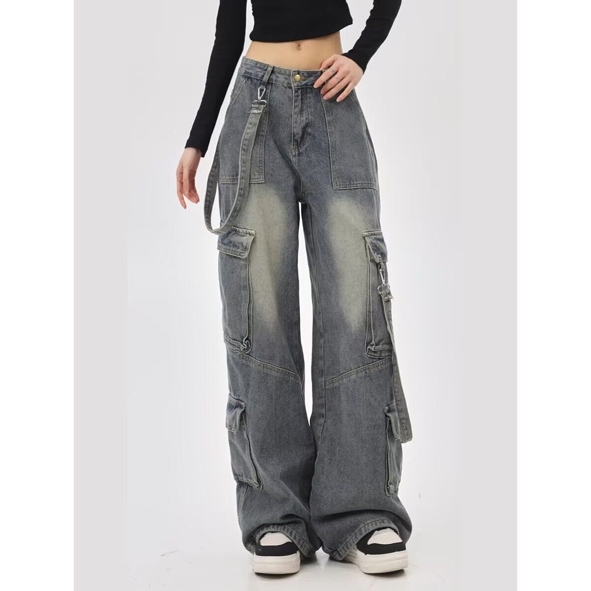 大码美式高街多口袋工装牛仔裤女设计感小众宽松显瘦阔腿拖地裤子