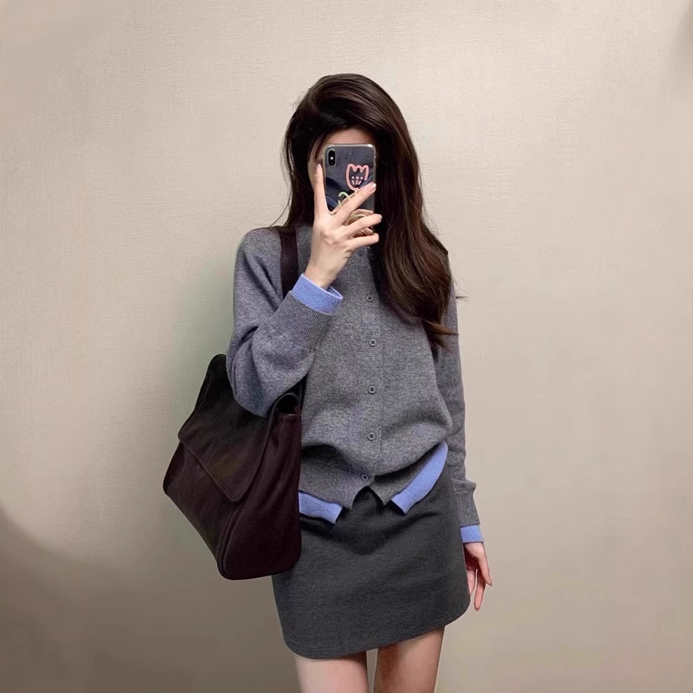 慵懒风灰色假两件针织开衫外套女韩系毛衣撞色上衣设计感小众