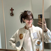 学院风针织开衫 女miu系毛衣外套韩系拉链提花宽松慵懒风上衣