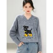 实拍重工潦草小狗刺绣毛衣女可爱酷飒风V领上衣秋百搭套头针织衫