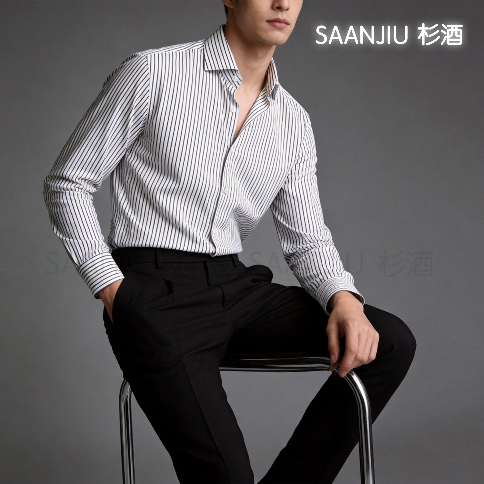 杉酒（经典温莎领竖条纹衬衫）秋季新款竖条纹透气设计感气质男款