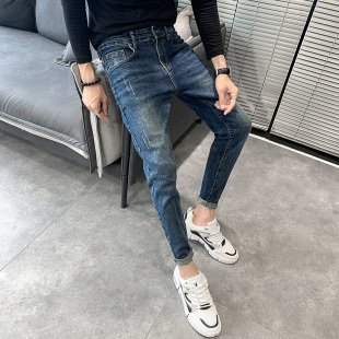 男士 百搭九分裤 韩版 修身 牛仔裤 小脚潮流直筒休闲铅笔裤 男弹力秋季