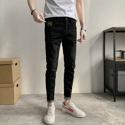 加绒牛仔裤男秋冬黑色潮牌九分裤子修身小脚裤百搭显瘦休闲哈伦裤