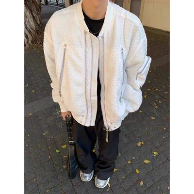 treclub双拉链棒球服外套男秋冬款褶皱设计感小众美式ma1飞行夹克