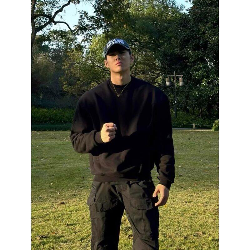 520g纯棉无帽卫衣男款春秋小领口黑色内搭美